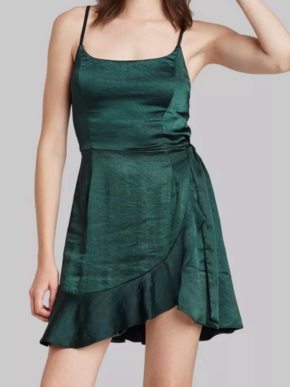 wild fable Dark Green Satin Asymmetrical Ruffle Dress